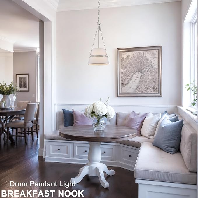 11.4" Brushed Nickel Drum Pendant Lights Kitchen Island White Fabric Shade | Modern Transitional, Cone Shape, 3 Side Chains, 1-Light, Breakfast Nook, Reading Corner, Adjustable Height 11.42"W x 23.82"H