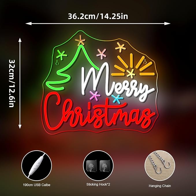 Merry Christmas Tree Neon Sign Dimmable With Christmas Tree and Sun Star Neon Signs Vibrant LED Neon Glowing Sign for Wall Decor Window Man Cave Bedroom Wedding Bar Party Gift New Year
