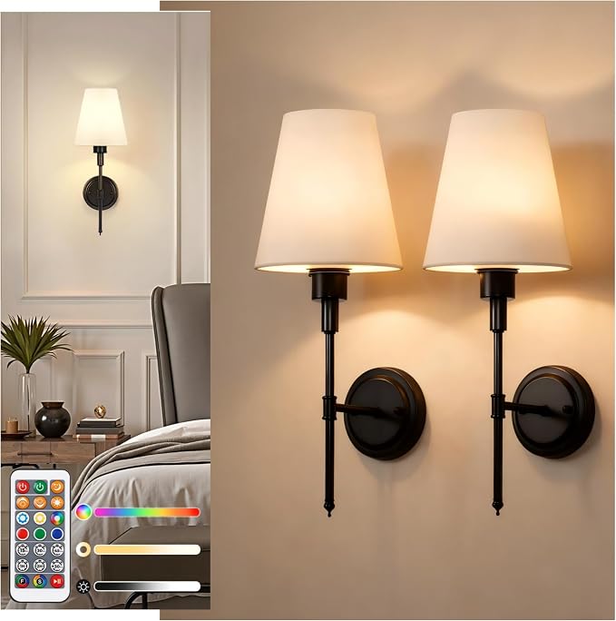 Battery Operated Wall Sconce: Set of 2 Wireless Wall Light 12000mAh | 15 Color Rechargeable Wall Sconces, Sconce Wall Decor Set of 2 for Bedroom, Living Room, Black 18.7in