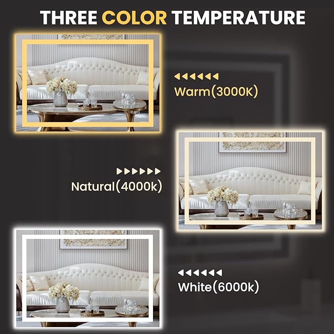LOAAO 50"X34" LED Bathroom Mirror with Lights | Anti-Fog, Dimmable, 3 Color Temperature, Backlit + Front Lit, Memory Function, Tempered Glass, UL Listed