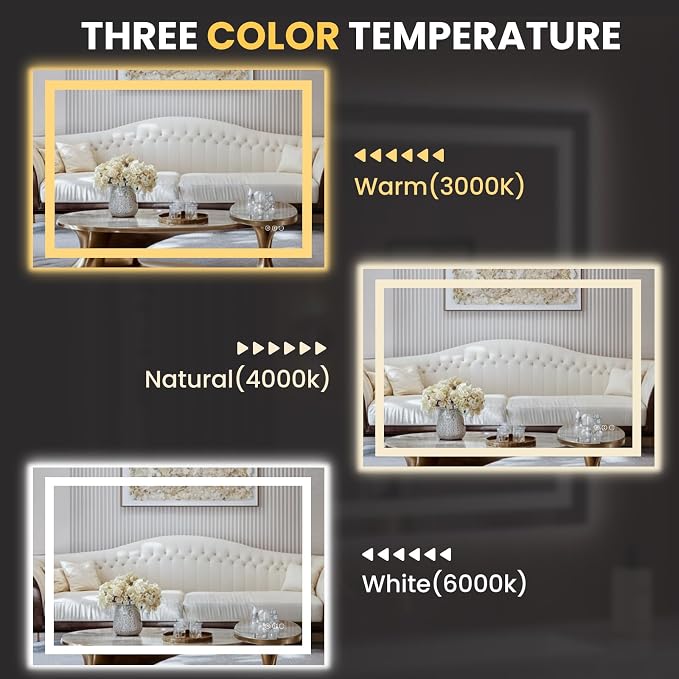 LOAAO 50"X36" LED Bathroom Mirror with Lights | Anti-Fog, Dimmable, 3 Color Temperature, Backlit + Front Lit, Memory Function, Tempered Glass, UL Listed