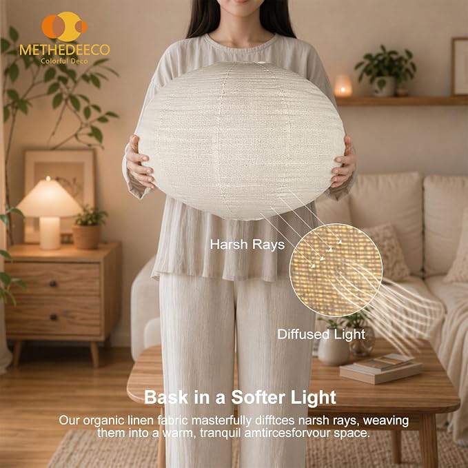 METHEDEECO Plug in Linen Pendant Light, 20 Inch | Hanging Lantern Lamp, 18 FT Cord, E26 Socket, Japanese Wabi-Sabi Handmade Fabric Shade, Bulb Not Included