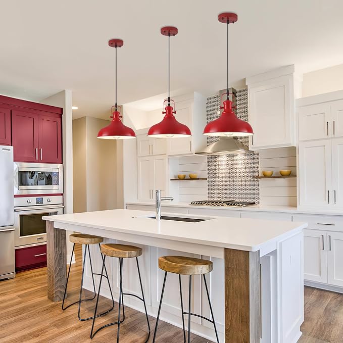 Red Farmhouse Pendant Lights, 11.4" Industrial Pendant Lighting for Kitchen Island, Kitchen Island Lighting, Island Pendant Light for Kitchen, Barn, Dining Room, 3 Pack