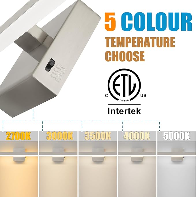 Nickel Bathroom Vanity Light Fixture 15.7'' 20W Dimmable 5CCT LED Hardwired | Bathroom Light Fixture Over Mirror, Bathroom Wall Sconce, Rust-resistant, ETL Certificated, 2700K/3000K/3500K/4000K/5000K