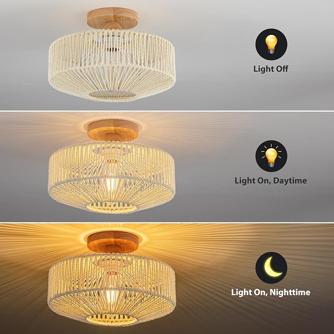 Rattan Light Fixtures Ceiling Flush Mount Boho Chandelier Bedroom Chandelier Ceiling Light for Nursery Hallway Entryway Kitchen Bathroom (Beige)