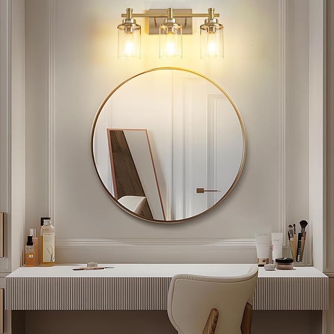 3 Light Gold Bathroom Vanity Light Over Mirror, Brushed Brass Vanity Light Fixture Modern Bath Wall Sconce Lighting Wall Mount Light Over Mirror for Vanity Table, Mirror, Bathroom