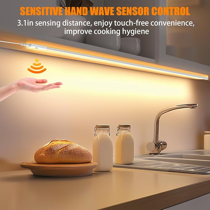 Smart Under Cabinet Lights, 40in Plug in Under Cabinet Lighting with Handwave Sensor, Bright Dimmable 5 Color Temp Stick on Closet Light, Slim Cuttable Under Counter Lights for Kitchen Desk Shelf