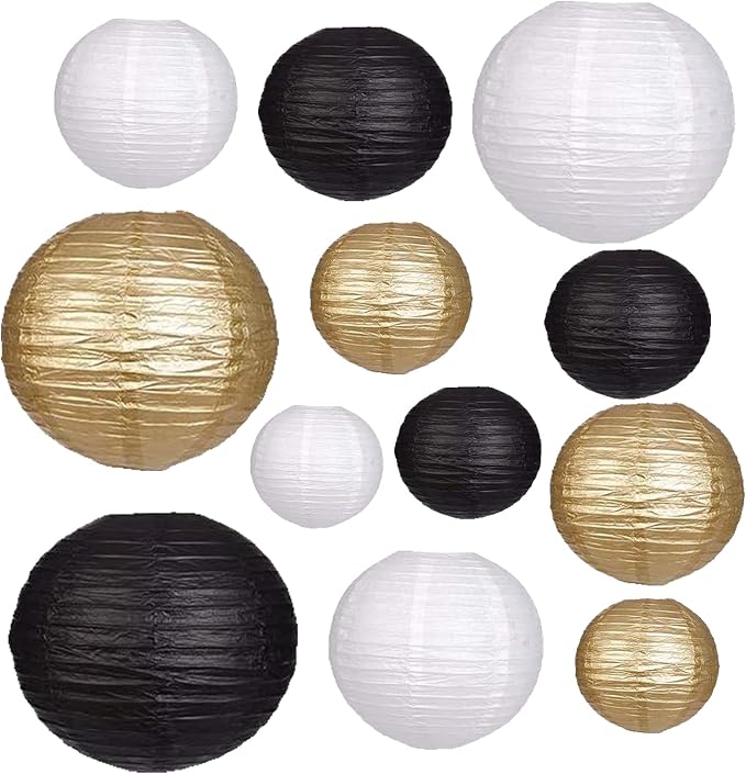 12Pcs Paper Lanterns 6”, 8”, 10”, 12”,Paperlanterns Party Decoration, Black White Gold Paper Lanterns for Wedding, Bridal, Birthday, Outdoor, Home, Garden, Holiday and Party.