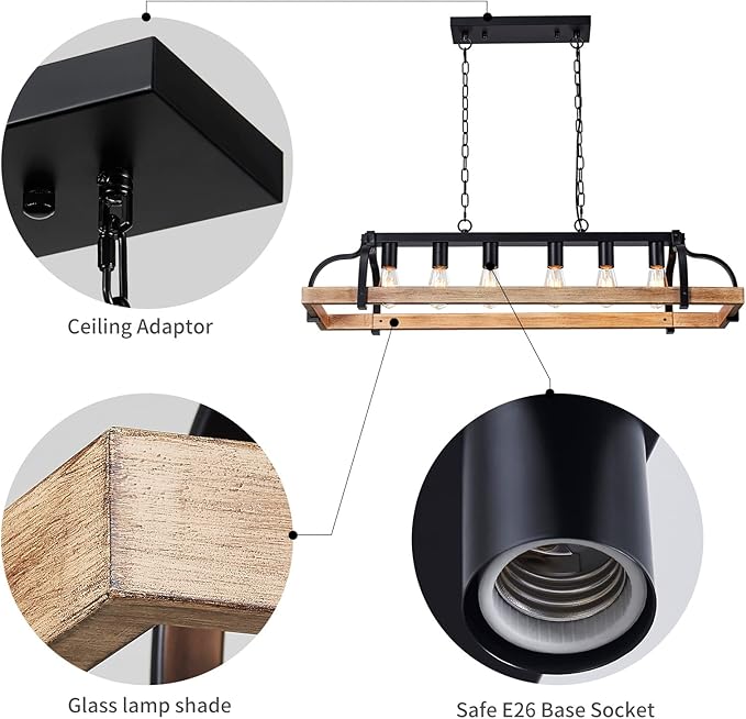WUZUPS 6-Light Metal Pot Hanging Rack Chandelier Imitation Light Wood Grain Linear Pendant Ceiling Lighting Rustic Farmhouse Fixture Kitchen Island Dining Room, H 9.8" L 40.6" W11.8, E26 Base, Black