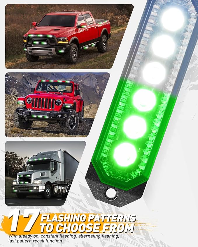 HLauto 406T Emergency Strobe Grille Lights: 4Pcs 6 LED Sync Feature Safety Warning Flashing Light, 12V-24V Ultra Slim Surface Mount Hazard Caution Light for Truck, Vehicle, Car, ATV, UTV (Green White)