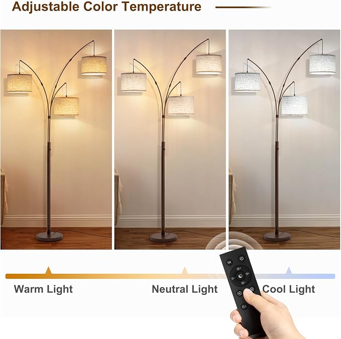 3 Light Arc Floor Lamps for Living Room, 2400LM Super Bright Floor Lamp with Remote Control, 80" Tall Floor Lamps with Stepless Dimmable, Mid Century Tree Floor Lamp for Bedroom, Office
