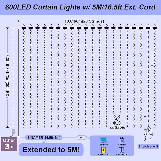 Fairy Curtain Light, 600LED 19.6x9.8ft, Remote & 8 Modes, USB | Window Hanging String Light, Silver Copper Wire, For Bedroom, Wedding, Party, Backdrop, Window, Xmas Decor, Blue