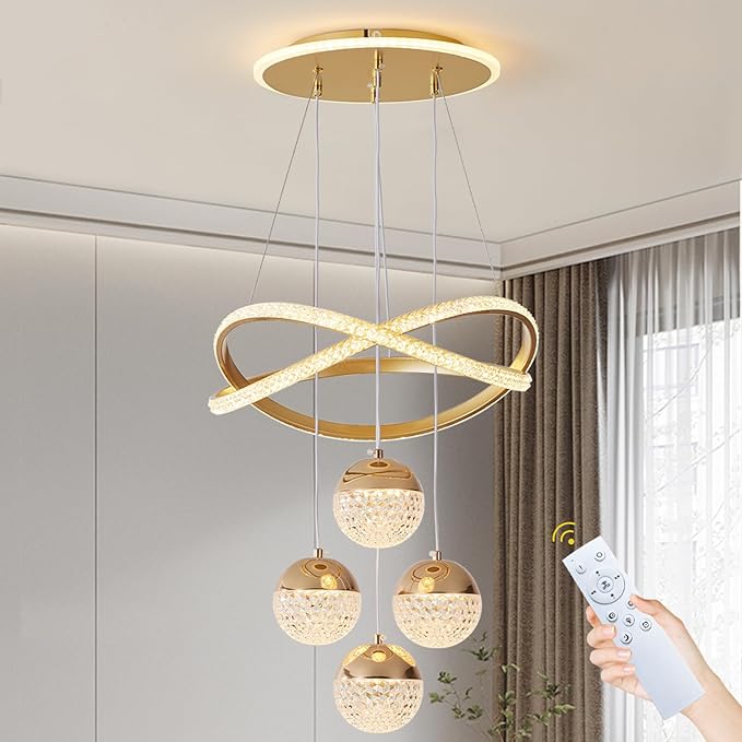 Gold LED Chandeliers, 3-Color Dimmable Pendant Light Dining Room Light Fixtures for Kitchen Island Adjustable Modern Chandeliers for Dining Room Living Room Bedroom