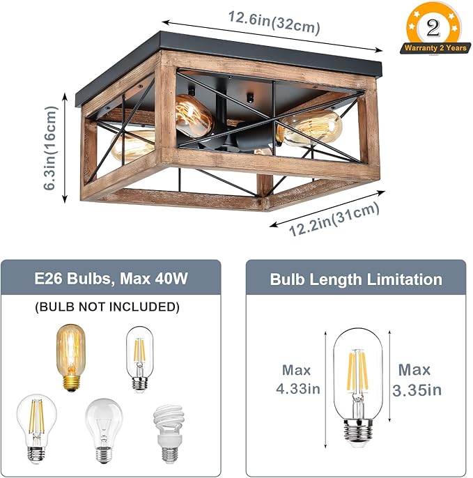 Wooden Flush Mount Ceiling Lights, 4-Light Farmhouse Close to Ceiling Lighting Fixtures Black Ceiling Lamp for Kitchen Island Living Room Bedroom Hallway Laundry Entryway
