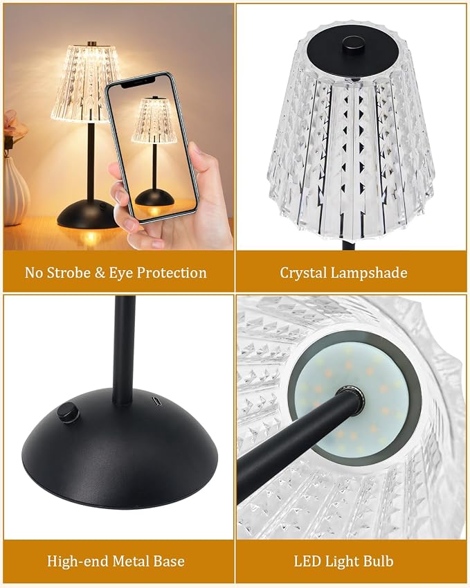 Nusogon 4 Pack Rechargeable Cordless Table Lamp, Touch Control Desk Lamp | 3 Color Dimmable LED Black Small Lamp for Bedroom Bedside Restaurant Kitchen Home Decor