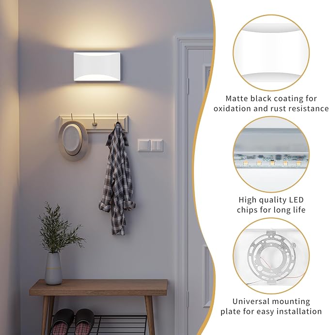 Black Modern LED Wall Sconce, 3 Colors Indoor Wall Lights, 10W Hardwired Up and Down Aluminum Wall Mount Lamp for Bedroom Living Room Hallway Corridor (White, 1 Pack)