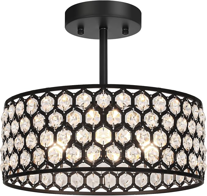 Lxybcce Black Crystal Ceiling Light Fixture - Modern Semi Flush Mount Ceiling Light for Hallway, Kitchen Lighting Fixtures Ceiling, Dazzling Prism Chandelier for Foyer Closet Bedroom, 3 Light, 12 in