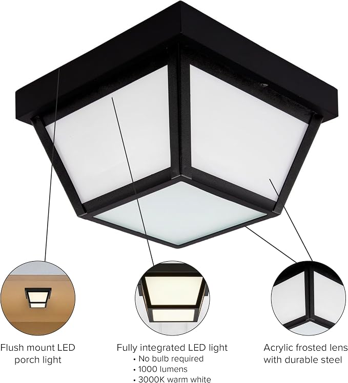 Maxxima 9" Black LED Outdoor Porch Ceiling Light Fixture, 1000 Lumens 3000K | Frosted Lens, 3000K Warm White, Wet Rated, Ideal for Entryway, Patio, Home Exterior