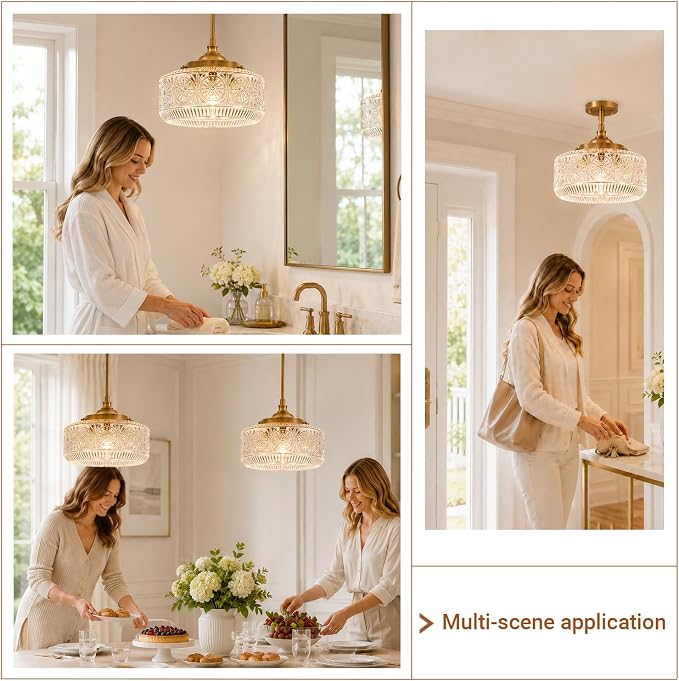 3-Light Vintage Gold Pendant Lights Kitchen Island with Clear Glass, Adjustable Pendant Lighting for Kitchen Island Pendant Light Convertible Ceiling Mount Or Hanging Fixture for Hallway Bathroom
