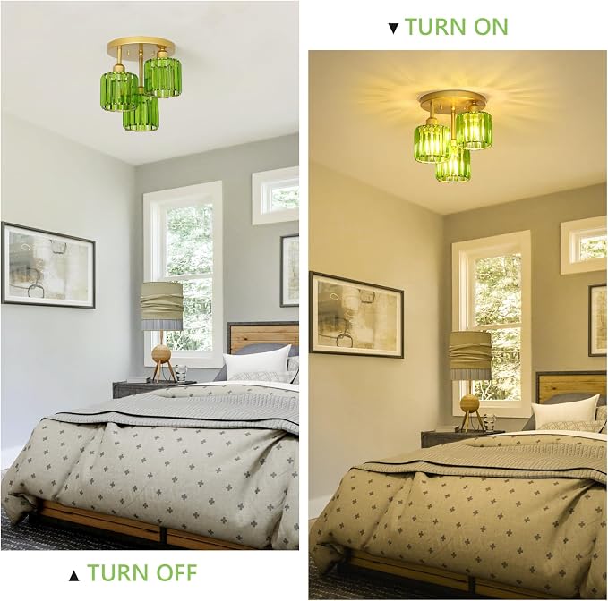 PAUFUL Green Crystal Close to Ceiling Light Fixtures,3-Light Modern Semi Flush Mount Ceiling Light,Kitchen Light Fixture with Crystal Shades,Hallway Lighting Fixture for Entryway Bedroom Bathroom