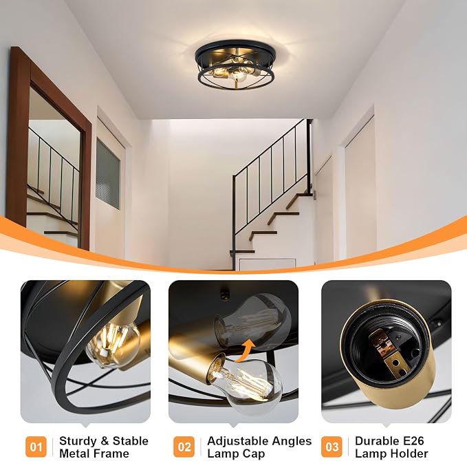 Farmhouse Light Fixtures, Black and Gold Round Metal Flush Mount Ceiling Light, 3-Light Cage Ceiling Lamp for Kitchen, Foyer, Bedroom, Hallway（Bulbs Not Included）