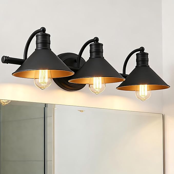 3 Light Bathroom Vanity Light Over Mirror - Farmhouse Wall Light for Bathroom Vanity Powder Room, Rustic Gooseneck Barn Style 3 Bulb Wall Sconce Over Kitchen Sink