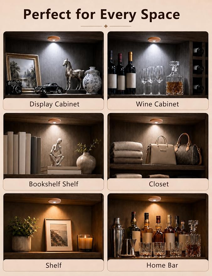 Puck lights with remote, 2000mAh rechargeable cabinet light, Under Cabinet Lighting Wireless, Display Cabinet, Dimmable Magnetic Stick-On Shelf , push lights battery operated，(Wood Color, 3 Pcs)