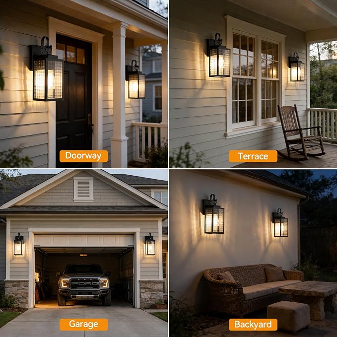 2-Pack Dusk to Dawn Outdoor Wall Light, Black All-Metal Frame | Checkered Glass, Soft Ripple Glow. Auto On at Dusk, Off at Dawn. Waterproof Rust-Resistant Metal. DIY Install on Porch