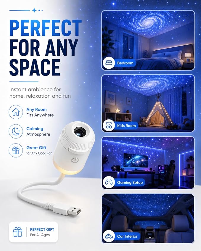 HD Smart Dynamic 5D Holographic Night Light Projector, Starry Sky Galaxy Projection Lamp with 360° Flexible Gooseneck, Touch Control Dimmable Star Projector for Bedroom (24 Projection Films)