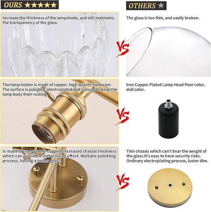 Bathroom Light Fixtures, 3-Light Brass Vanity wall Light Over Mirror with Clear Tulip Glass Shade for Bedroom Living Room (Bulb Not Included)
