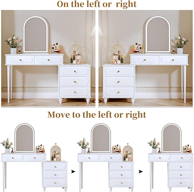 Ieejdn White,Vanity Desk with Mirror and Lights,Makeup Vanity with Power Outlet and Adjustable Cabinet,Modern Makeup Table with 3 Drawers for Bedroom Makeup Room
