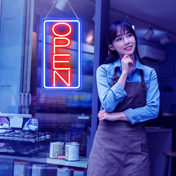 16.5" X 9" Led Neon Open Signs for Business 12V/2A Ultra Bright Led Neon Open Signs Plug In Electric Light Up Open Sign with ON/OFF Switch for Bar Salon Coffee Stores Club Hotel (Vertical)