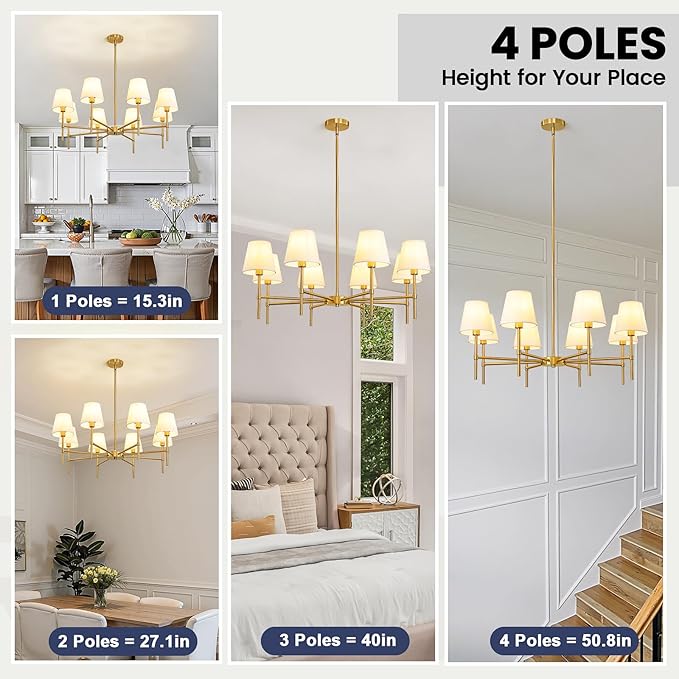 Dining Room Chandeliers Light - 8-Light Gold Modern Chandelier with Fabric Shade, Height Adjustable Mid Century Ceiling Lighting Fixture for Bedroom Kitchen Entryway Foyer