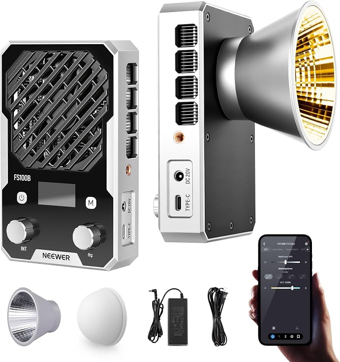 NEEWER 100W Ultra Compact LED Video Light APP/Panel Control, Pocket Size Bi Color COB Continuous Output Lighting with 4 Dimming Curves/2700K-6500K/CRI96+ for Studio Photography Recording, FS100B