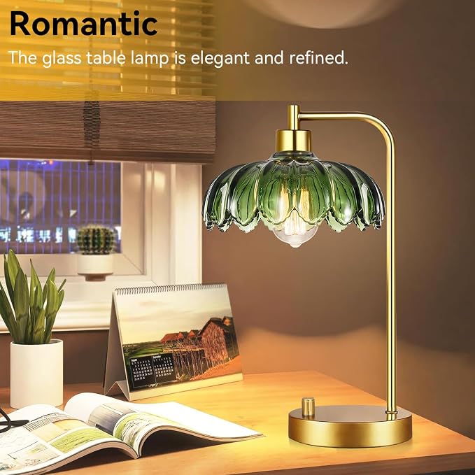 ILLMTW Glass Table Lamp Set of 2,Small Gold Bedside Lamps Dimmable Boho Bedroom Lamp with Tulip Flower Green Lamp Shade,Vintage Mid Century Modern Mini Nightstand Lamp for Bedroom Living Room