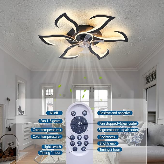 Modern Ceiling Fan with Lights and Remote Control, 32" Black Flush Mount Fan with 3 Light Colors, 6 Speeds, Low Profile for Kitchen and Bedroom