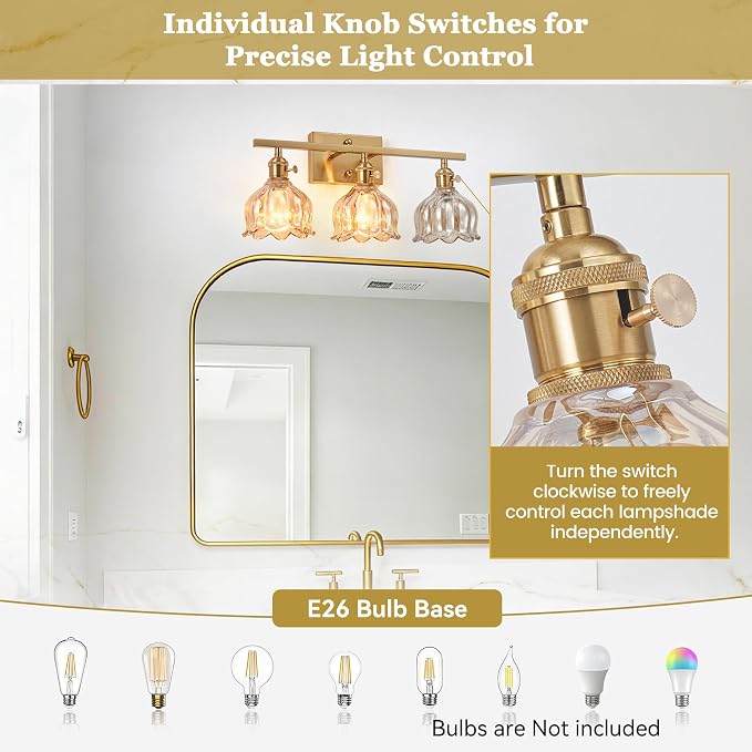3-Light Amber Tulip Glass Vanity Light, Brushed Gold Vintage Bathroom Wall Sconce, 19.4" Antique Brass Hardwired Wall Lamp for Mirror, Powder Room, Bedroom (Individual Switches, Bulbs Not Included)