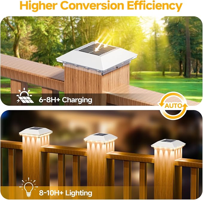 16 Pack 4x4 Solar Post Light, 3 Mode Wooden Vinyl Fence Cap, White | 3 color temperatures, Waterproof LED Solar Post Lights, Patio Porch Decor, Only Fit Two True Size Post: 3.5''x3.5'', 4''x4''
