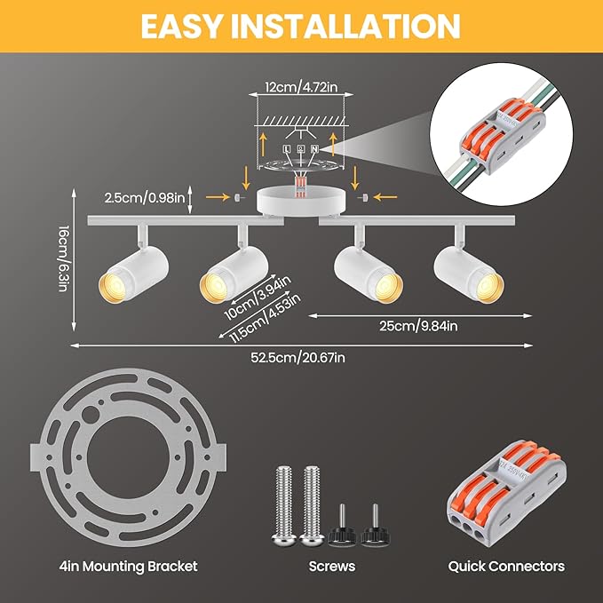 5-Color Zoomable 4 Light Track Lighting Fixtures Ceiling for Kitchen, Dimmable LED Track Lighting Kit, Ceiling Spotlight Flush Mount Adjustable Directional Spot Lights Indoor, CRI90 30W, White
