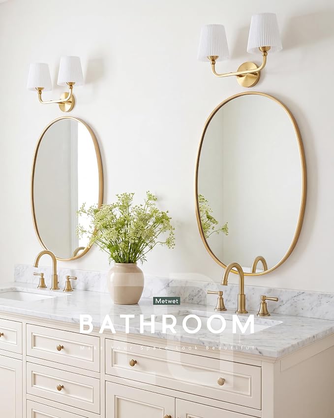2-Light Brushed Gold Bathroom Vanity Light, Pleated Fabric Shade | 17" 2-light gold double wall sconce with white pleated fabric shades, E26 bulbs, hardwired, upward only, VL837-BG-Z-2