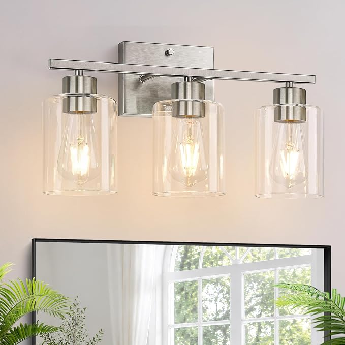 3-Light Bathroom Light Fixtures, Brushed Nickel Vanity Lights, Bathroom Lighting with Clear Glass Shade, Vanity Lighting fixtures for Mirror Kitchen Bedroom Hallway Living Room