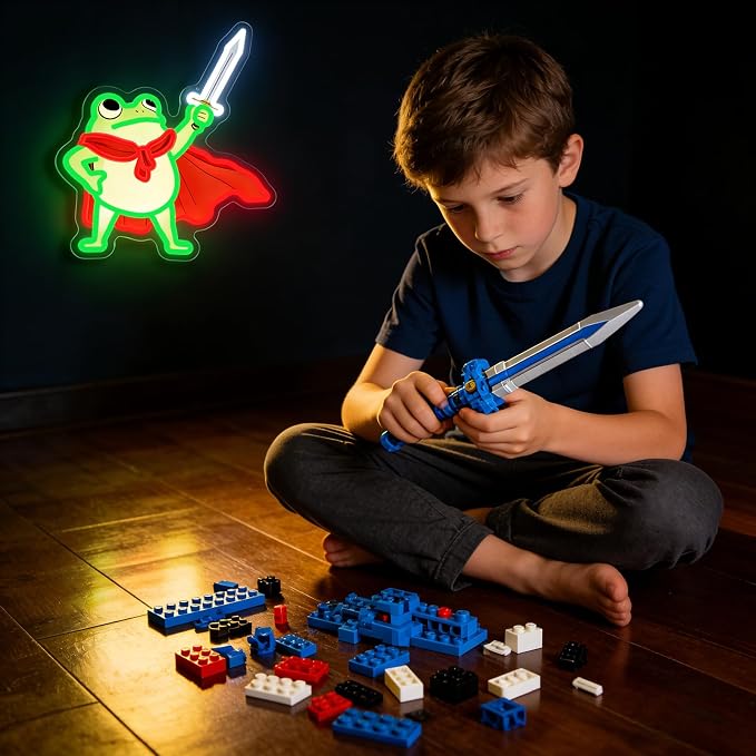 Frog Neon Sign, Frog with Sword LED Neon Lights Signs for Game Room Decor | UV-Printed Frog Warrior Art with Adjustable Brightness for Man Cave,Game Rooms,Bedrooms,Bar,and Frog Lover Gifts-USB Powered