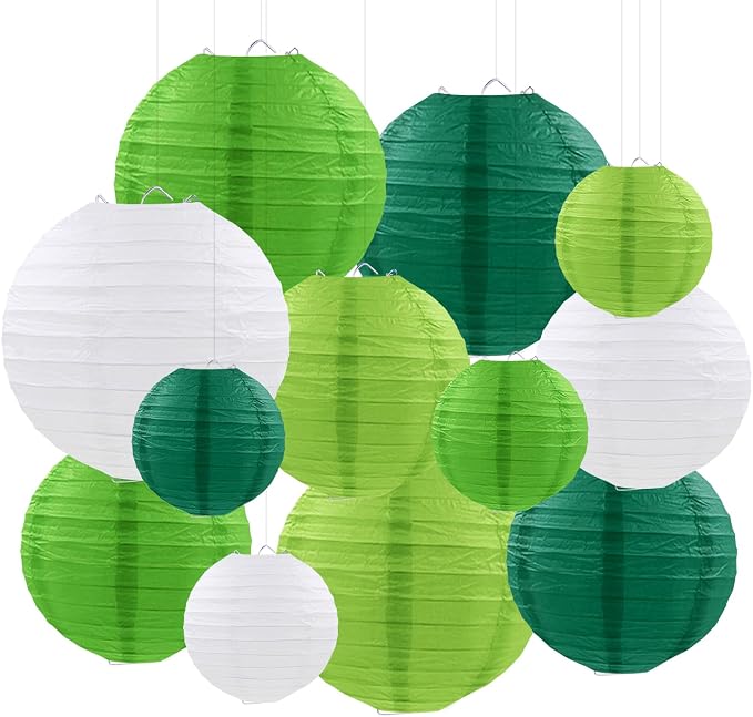 Green Paper Lanterns Party Decorations, Round Hanging Lanterns for Jungle Safari Party Supplies St. Patricks Day Decoration (12 PCS)