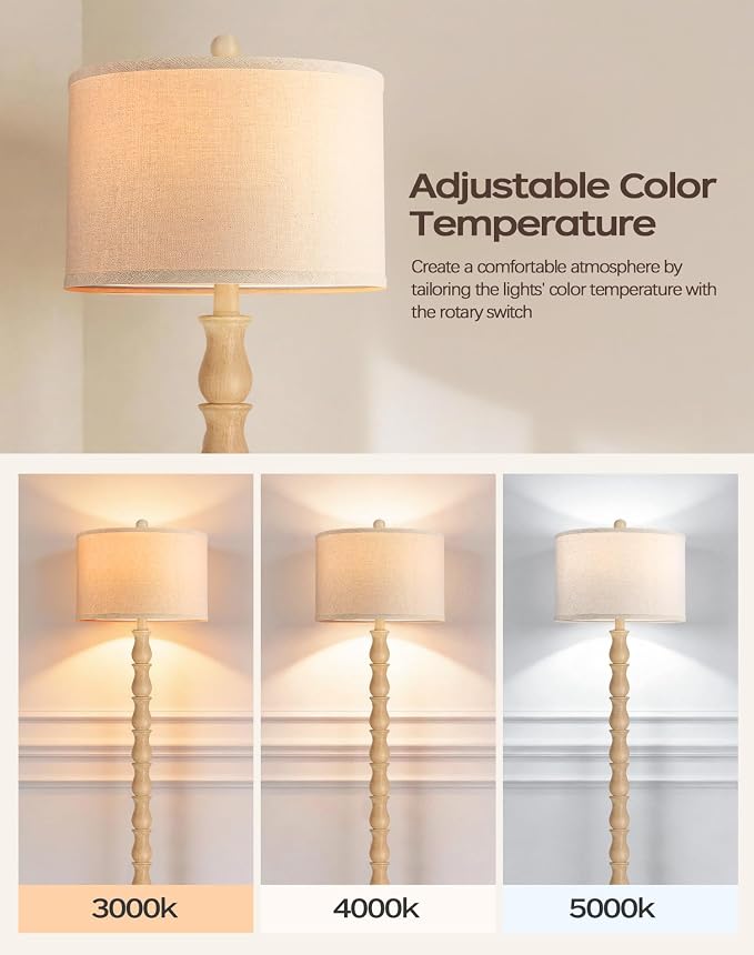 63.5" Rustic Floor Lamp for Living Room, Farmhouse Floor Lamp with Rotary Switch & Linen Shade, Vintage Resin Tall Standing Lamp for Bedroom Corner Office Home Decor, Cream (LED Bulb Included)