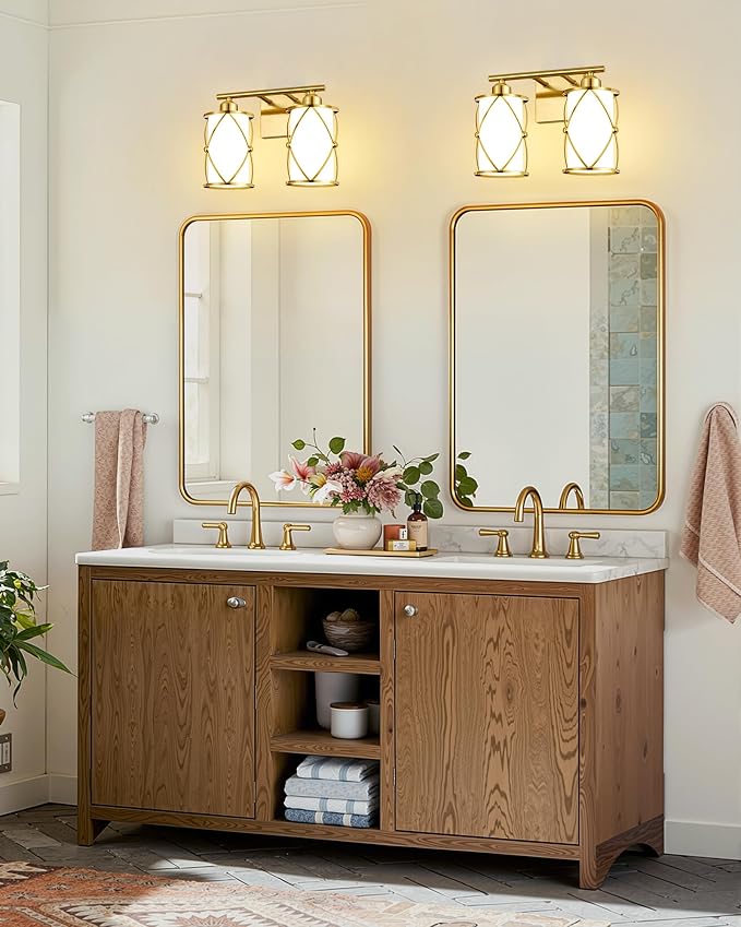 2-Light Brushed Gold Bathroom Light Fixtures with Milk Frosted Glass, 13.8" Modern Bathroom Vanity Lighting Fixtures Over Mirror with Metal Cage, Wall Sconce Lights for Bath, E26, CH9176BGW-2W