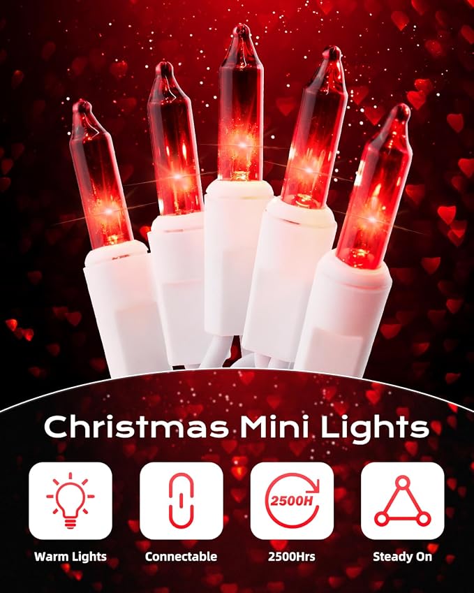 Brightown Red Mini String Lights, 100-Count 26.5ft Incandescent Bulb Valentine's Day Fairy Lights for Indoor Holiday Decoration, Christmas Tree Garland Wedding Party Multi-Use, White Wire