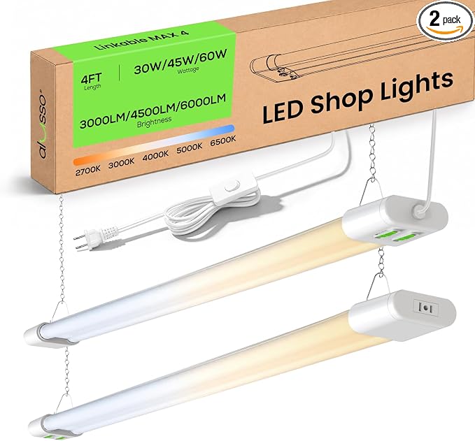 ALUSSO® 4FT Linkable LED Shop Lights, 6000LM 30W/45W/60W, 5CCT 2700K/3000K/4000K/5000K/6500K, 120V Integrated Fixture for Garage, Hanging or Surface Mount, 2 Pack