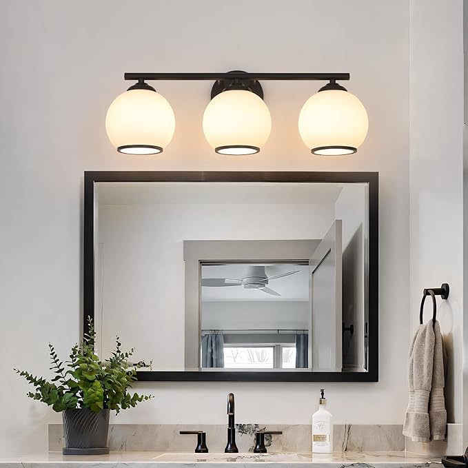 Milk Glass Bathroom Vanity Light Over Mirror, 3 Light Matte Black Bathroom Light Fixtures with Frosted Globe Glass Shade, Modern Vanity Lighting Wall Mounted
