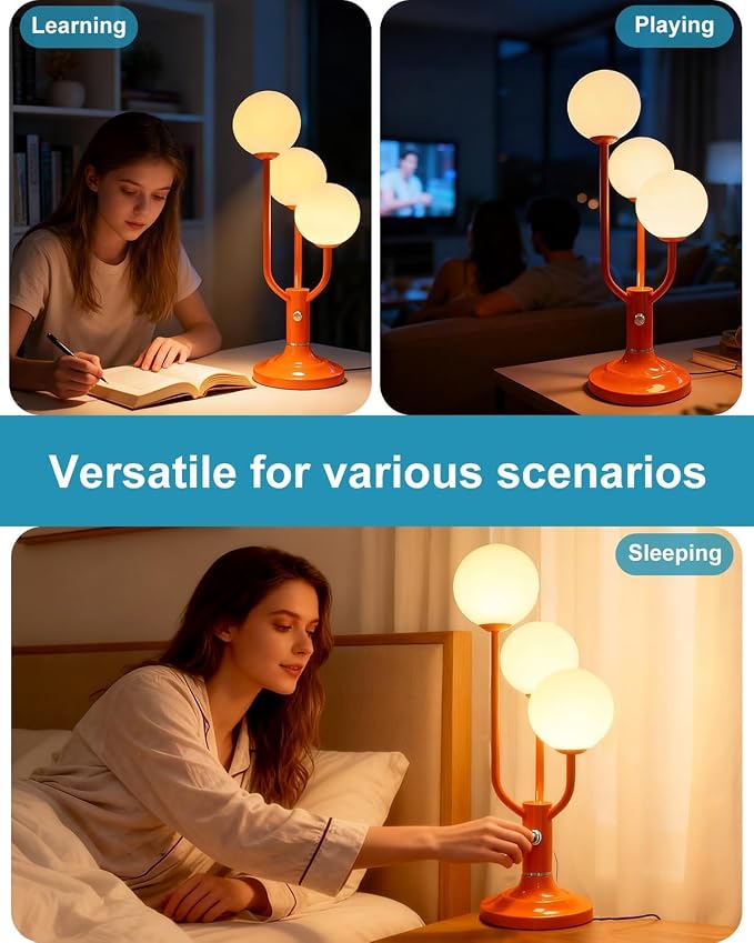Orange Table Lamp Dimmable Vintage Globe Lamp G9 3 Bulbs Included | Mid Century Modern Desk Lamp Night Light Warmwhite Ambient Nightstand Bedside Lamp for Living Room Bedroom Home Decor Gift