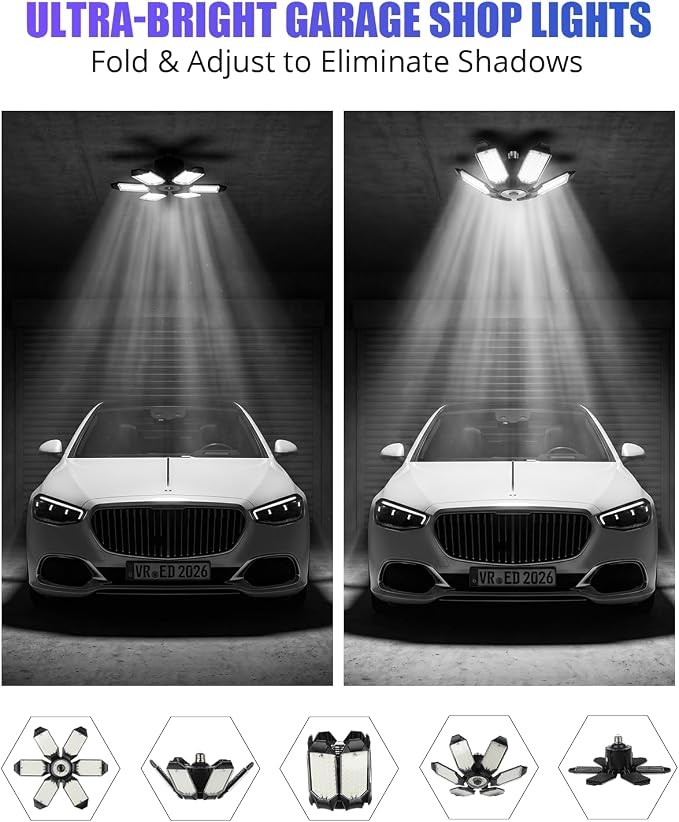 Tudoccy LED Garage Lights 2 Pack, 34000LM 6-Panel Shop Light | 6500K daylight E26/E27 screw-in bulb for workshop, basement, warehouse, attic ceiling fixture